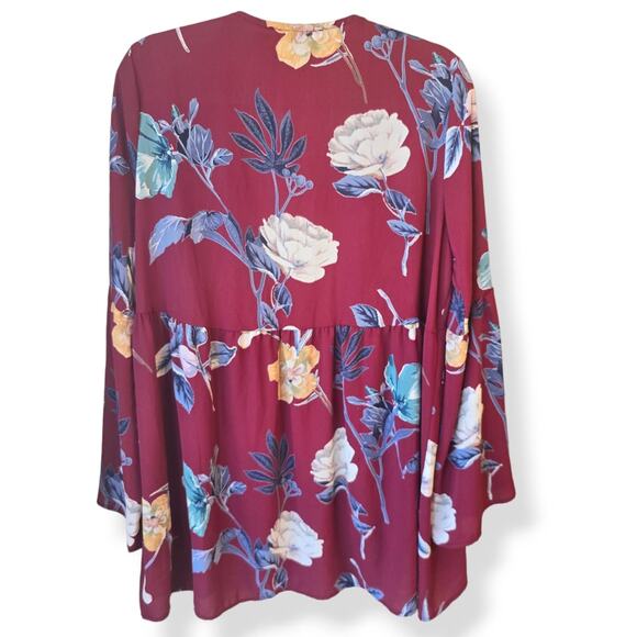 Peach Love California Floral Kimono Size L Red Open Front Cardigan Shawl Boho - Picture 5 of 7